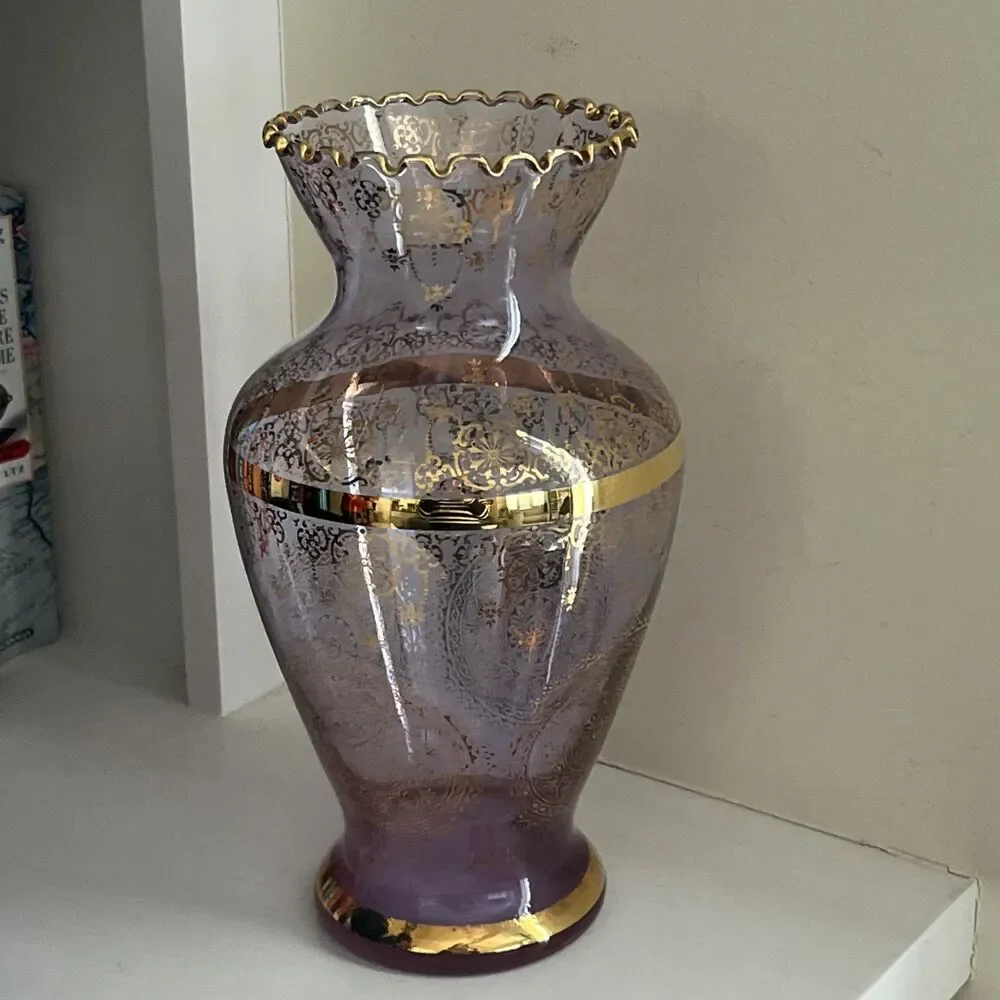 Vtg 10” Vecchia Murano Art Glass Vase 24K Gold Neodymium Purple Color Change